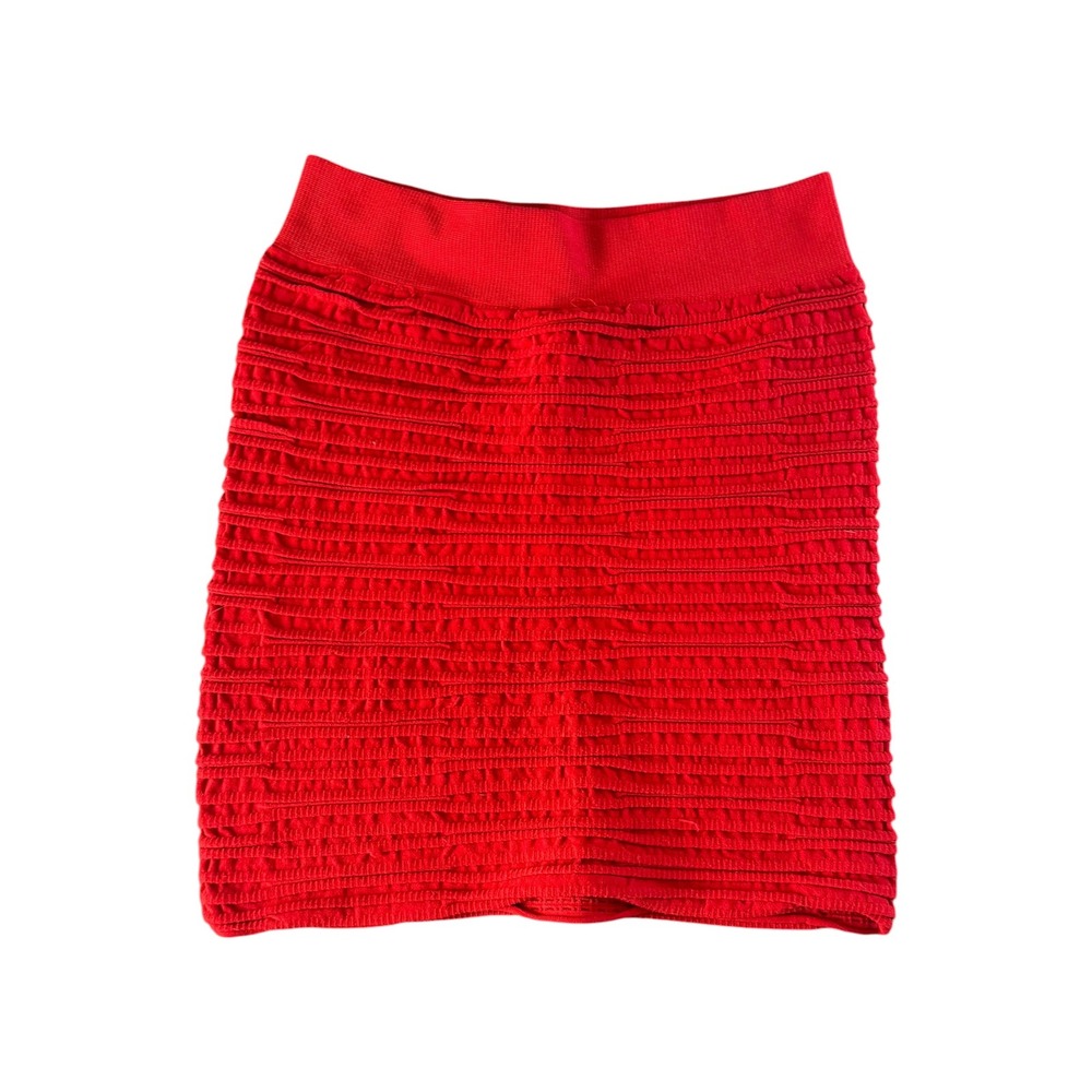 Red Textured Ruffle Mini Skirt Tiered Elastic Waist Bodycon Stretch Knit S/M